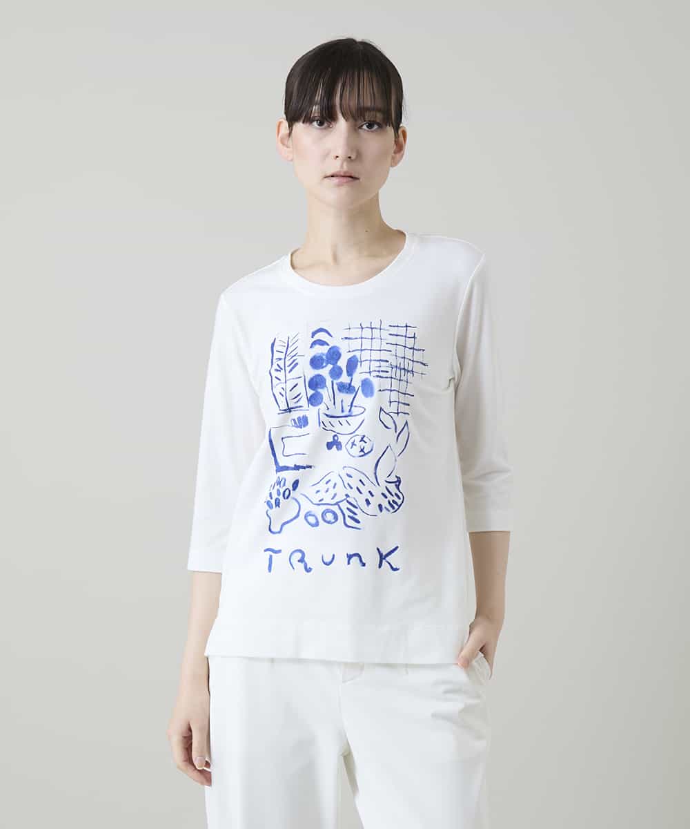 RSKGD07270 TRUNK HIROKO KOSHINO(ヒロココシノ) ウィンドウプリントカットソー/日本製/洗える ホワイト