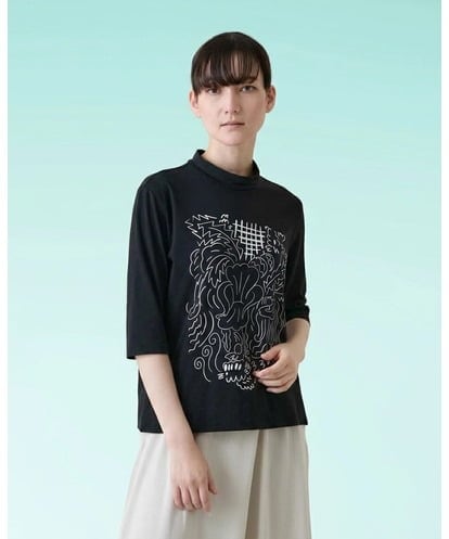 RSKHE17270 TRUNK HIROKO KOSHINO ルーム柄モノトーンプリント五分袖カットソー/日本製/洗える