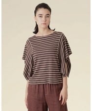 RSKIE12330 TRUNK HIROKO KOSHINO(ヒロココシノ) ハンカチーフスリーブボーダーカットソー/日本製/洗える ブラウン