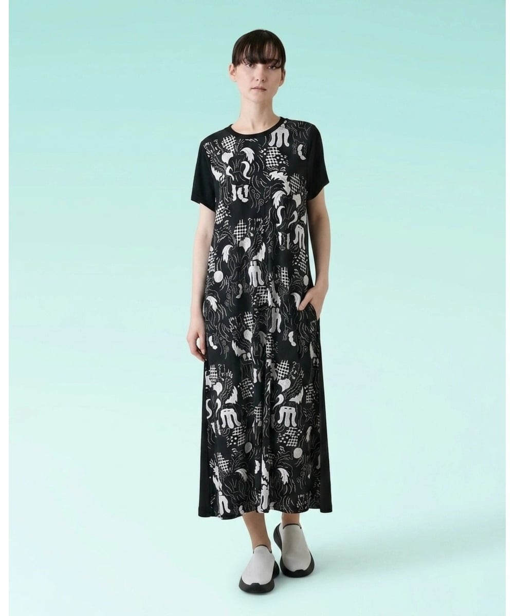 RSPHE18630 TRUNK HIROKO KOSHINO(ヒロココシノ) ルーム柄プリントブロッキングワンピース/日本製/洗える ブラック
