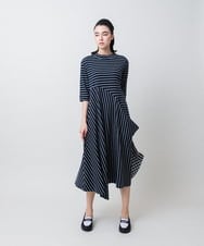 RSPIE13590 TRUNK HIROKO KOSHINO(ヒロココシノ) ボーダーフレアワンピース/日本製/洗える ネイビー