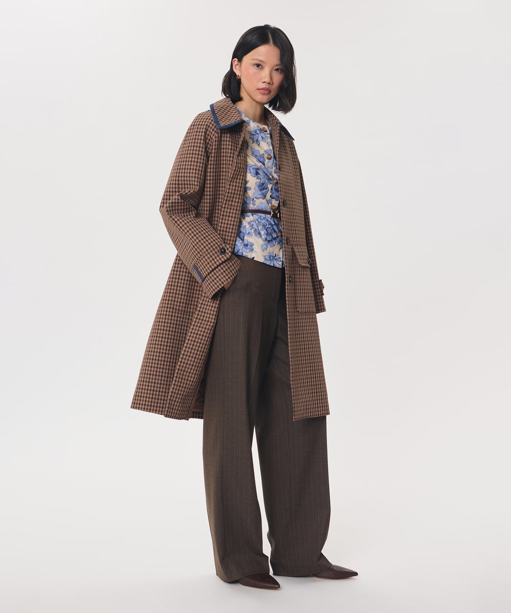 VZUAG02820 TARA JARMON(タラ ジャーモン) テンセルチェックステンカラーコート キャラメル