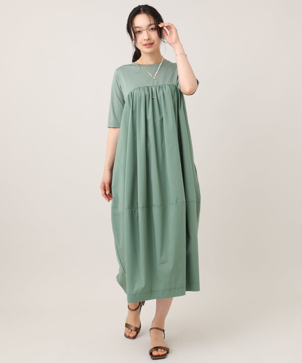 ZMEHE07160 al'aise modulation(アレーズモジュレーション) 異素材切り替えコクーンワンピース グリーン